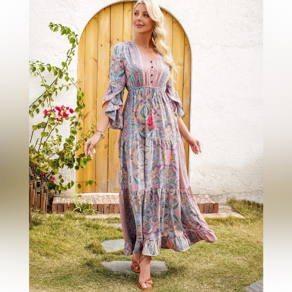 oho Paisley Maxi Dress Size M Like New Beach Vacation Resort Dress Flowy Romanti
